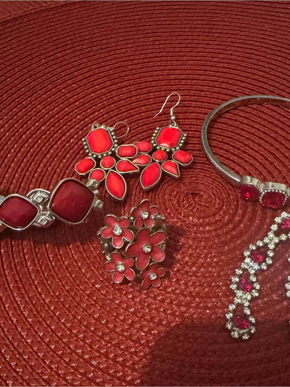 Red Floral Statement Ring and Earrings Set - Women Jewelry